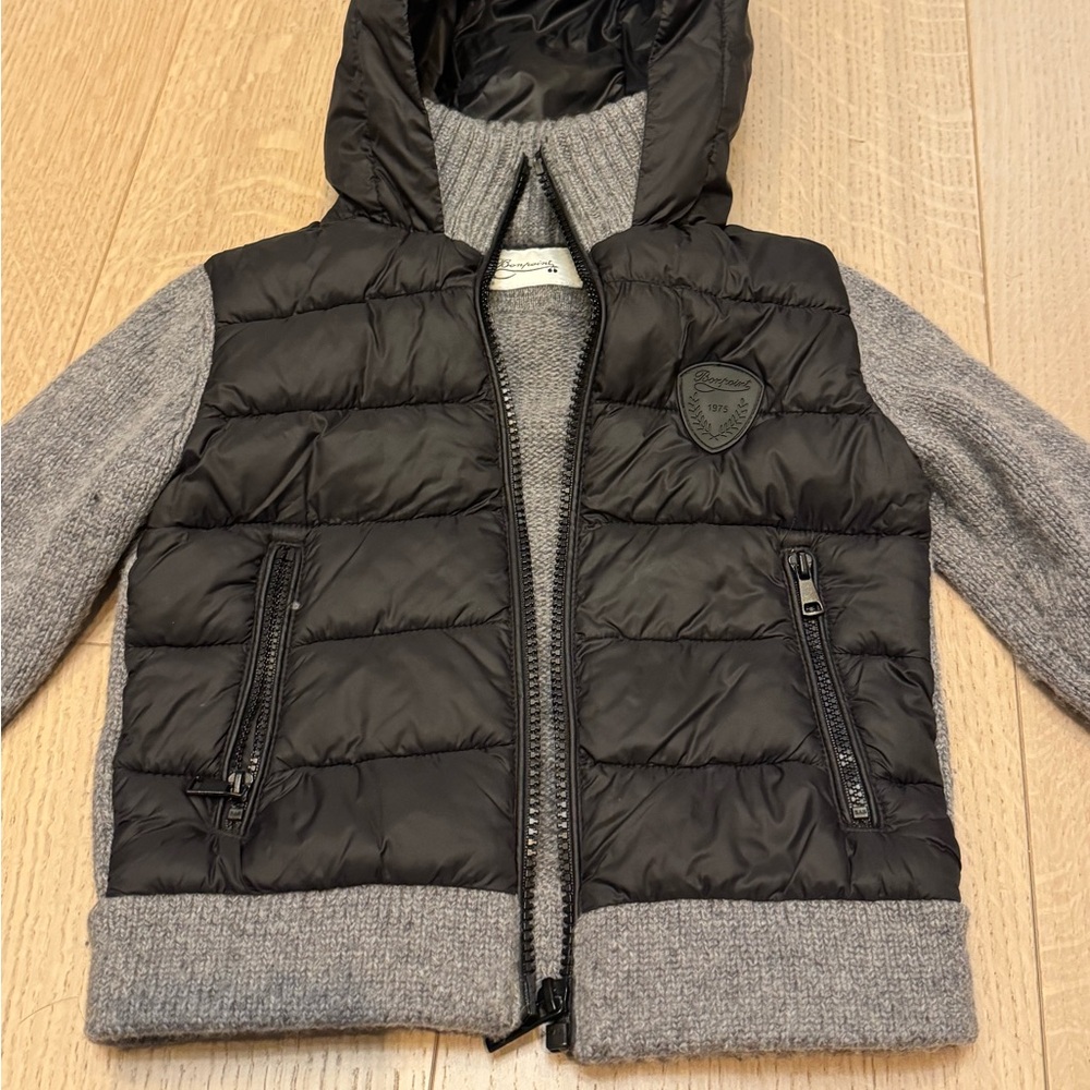 Black Quilted Hooded Puffer Vest with Gray Knit Sleeves